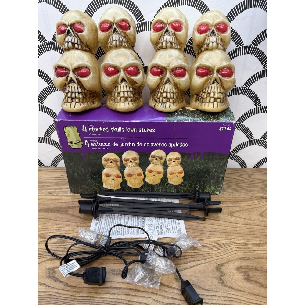 Vintage Set of 4 Halloween Skeleton Skull Lawn Stakes Blow Molds with Lights